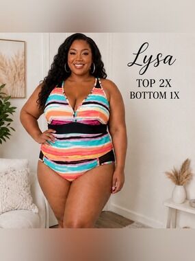 Lysa Striped Tankini Swim Set | Plus Size 2X Top & 1X Bottom | Colorful Beach